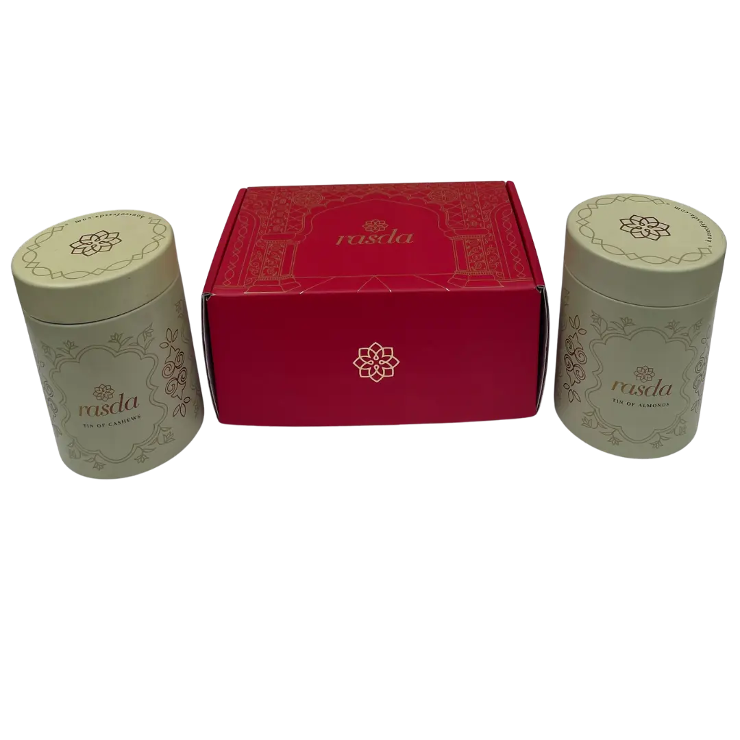 Two cylindrical containers with a red box in the center on a white background