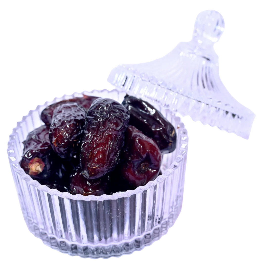 Premium Saudi Safawi Dates served in glass bowl soft chewy dates rich in nutrients and antioxidants