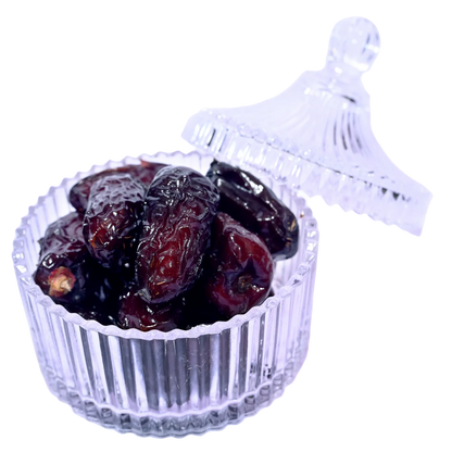 Premium Saudi Safawi Dates served in glass bowl soft chewy dates rich in nutrients and antioxidants