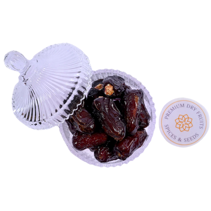 Premium Quality Safawi Dates from Saudi Arabia in glass bowl fresh natural dry fruits for daily health