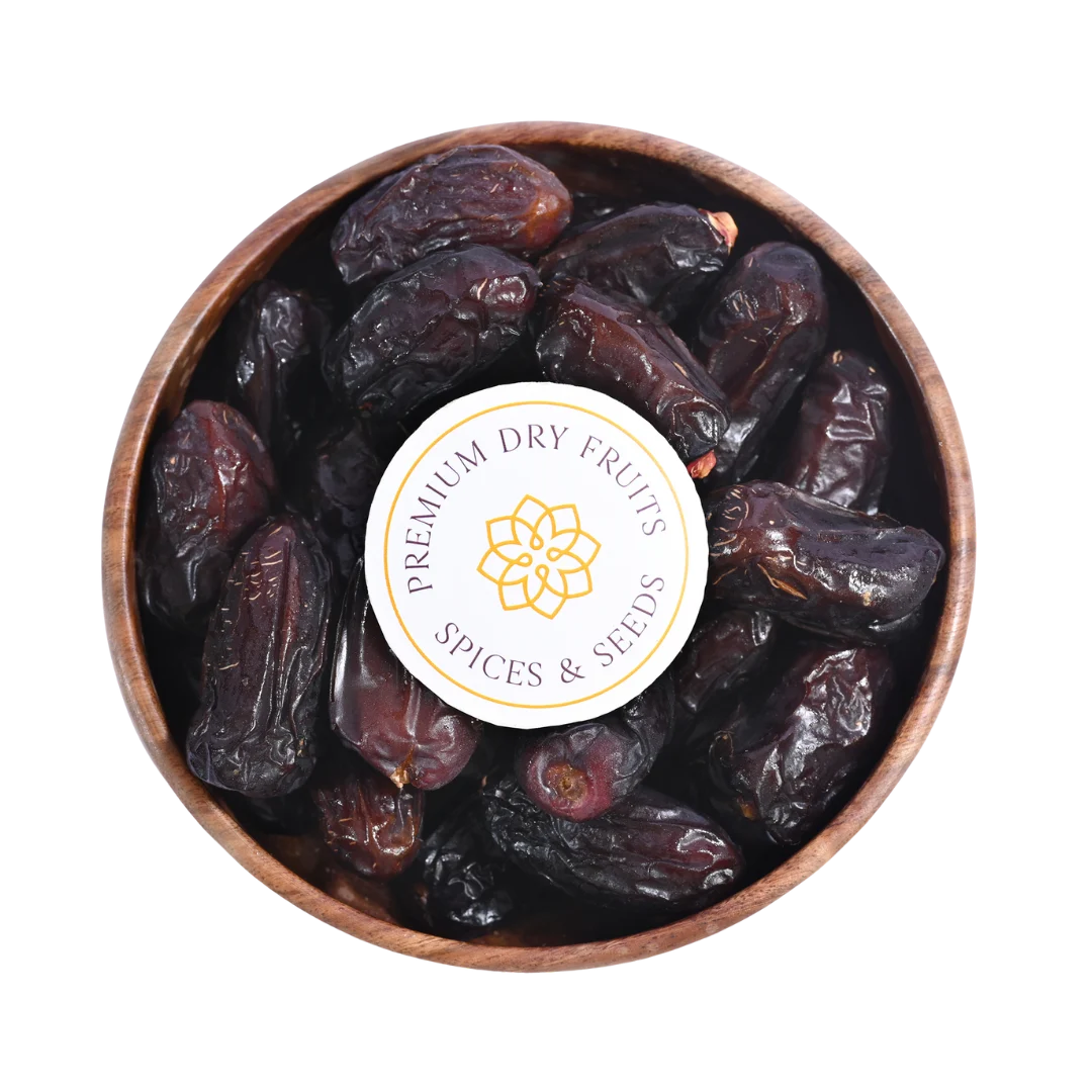 Select Safawi Dates from Saudi Arabia in wooden bowl premium quality healthy natural dry fruits