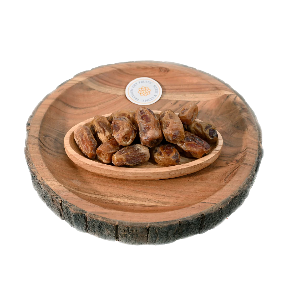 Sagai Dates Saudi Arabia Premium in wooden bowl – soft, sweet, and golden Arabian dates