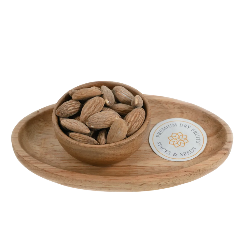 Salted Almonds Badam in wooden bowl – roasted crunchy almonds lightly salted for tasty healthy snacking and protein boost