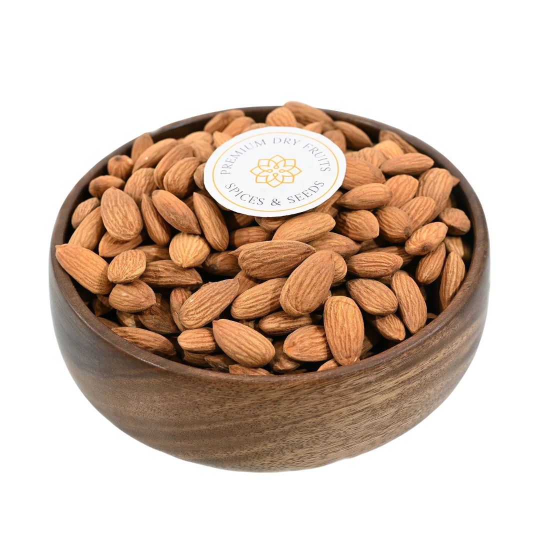 Almonds Sanora Badam in wooden bowl – premium quality dry fruits rich in protein and vitamin E for healthy snacking