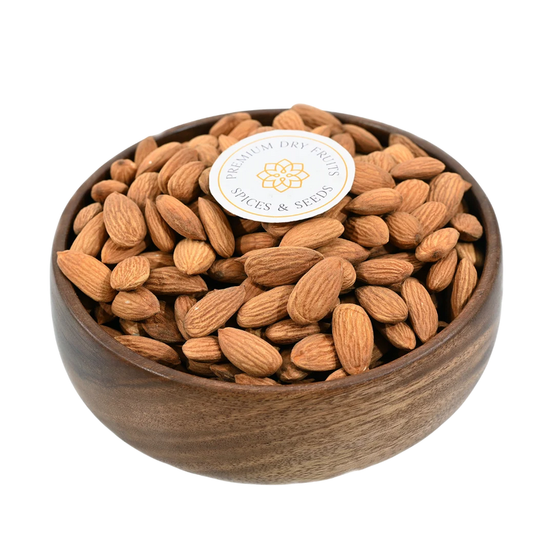 Almonds Sanora Badam in wooden bowl – premium quality dry fruits rich in protein and vitamin E for healthy snacking