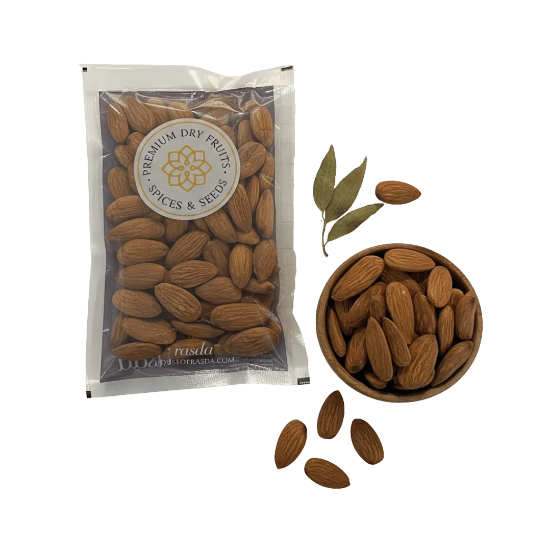 Packaged Sanora Almonds with a bowl of almonds and leaves on a white background
