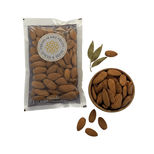Packaged Sanora Almonds with a bowl of almonds and leaves on a white background