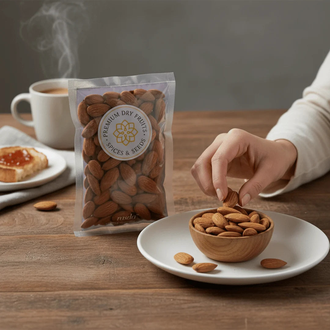 Person pouring Sanora Almonds from a wooden bowl into a plate with a package of almonds in the background.
