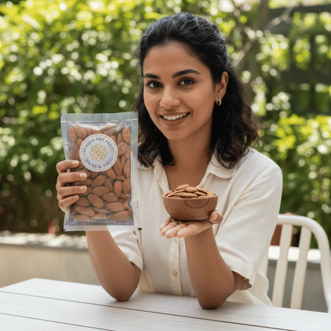 Woman holding a package and a bowl of Sanora Almonds outdoors