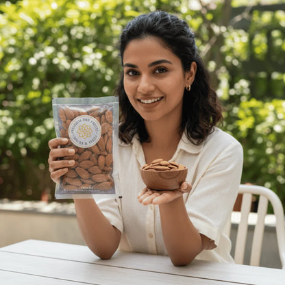 Woman holding a package and a bowl of Sanora Almonds outdoors