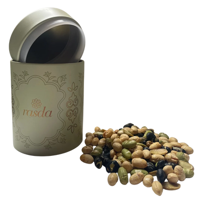 Gourmet-style Savoury Bean Mix in an elegant tin, offering a perfect blend of crunch.