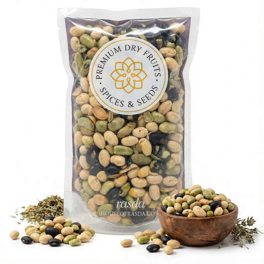 Crunchy, protein-rich savoury bean mix snack in a pack and bowl Close-up of a healthy, textured snack mix made of various roasted beans, offering a satisfying crunch and high protein content