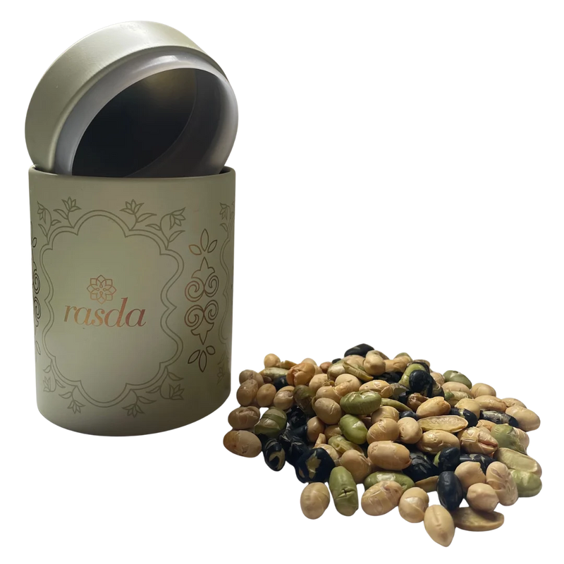 Gourmet-style Savoury Bean Mix in an elegant tin, offering a perfect blend of crunch.