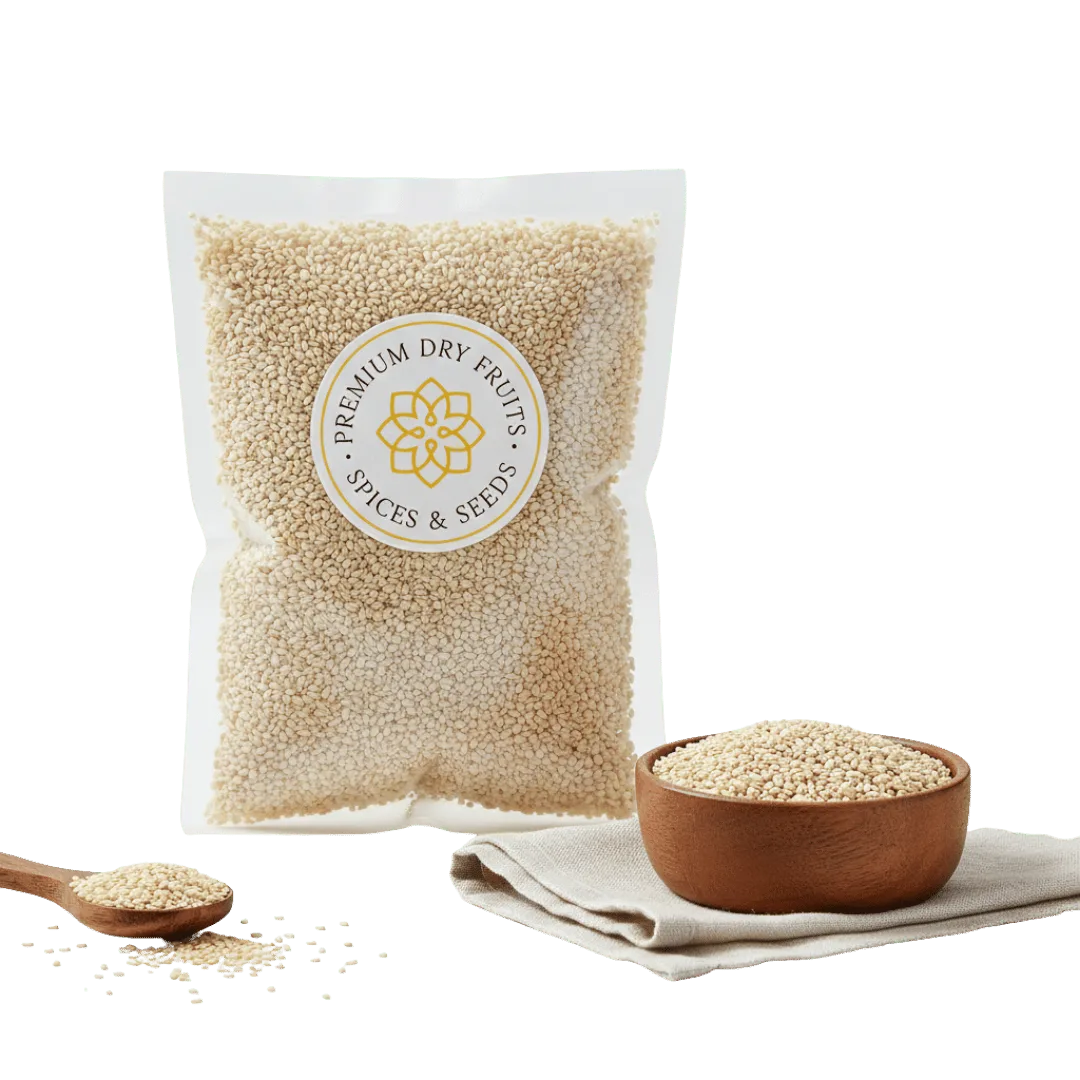 Bag of premium Sesame seeds white with a bowl and spoon on a white background