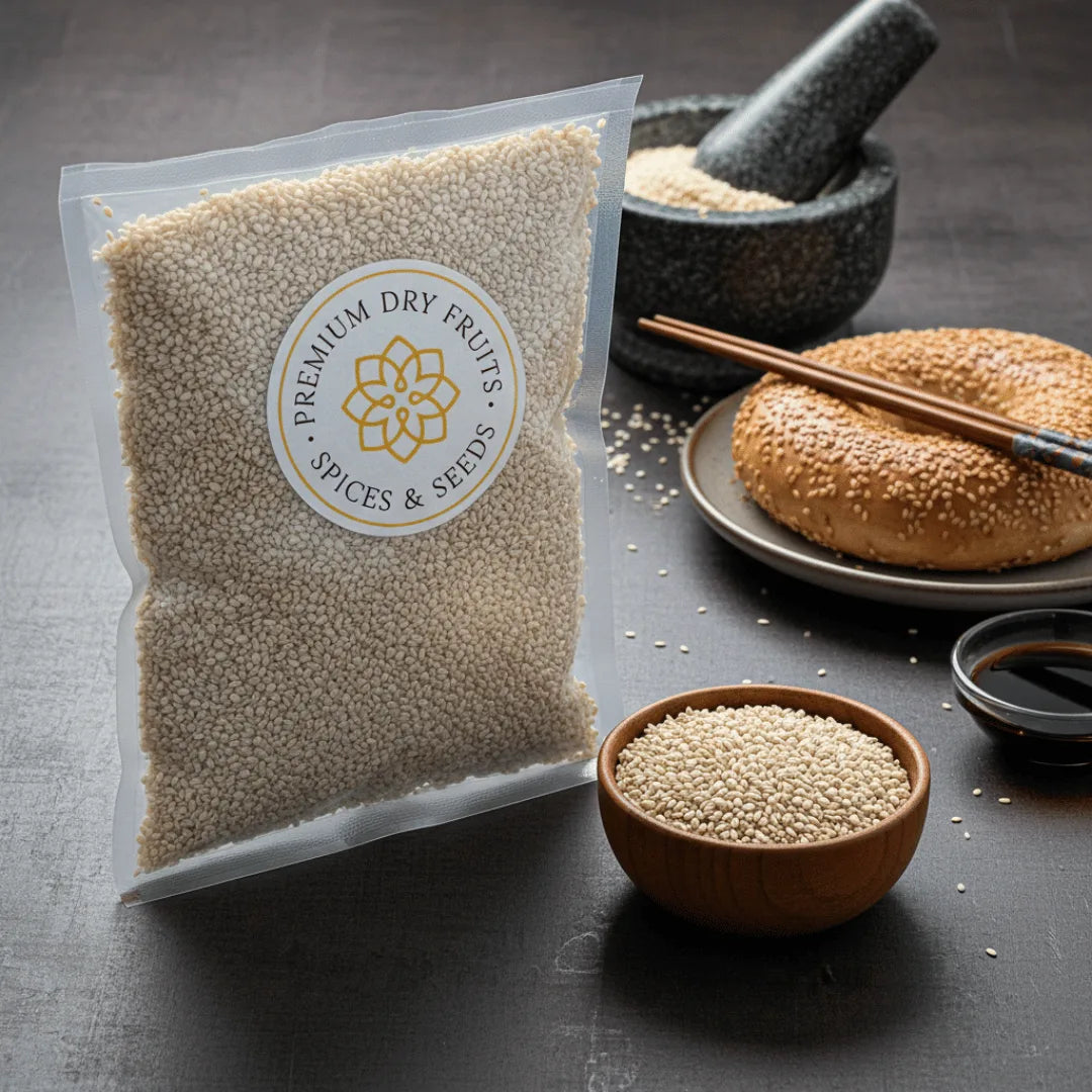 Packaged premium Sesame seeds white with a bowl of seeds on a dark surface
