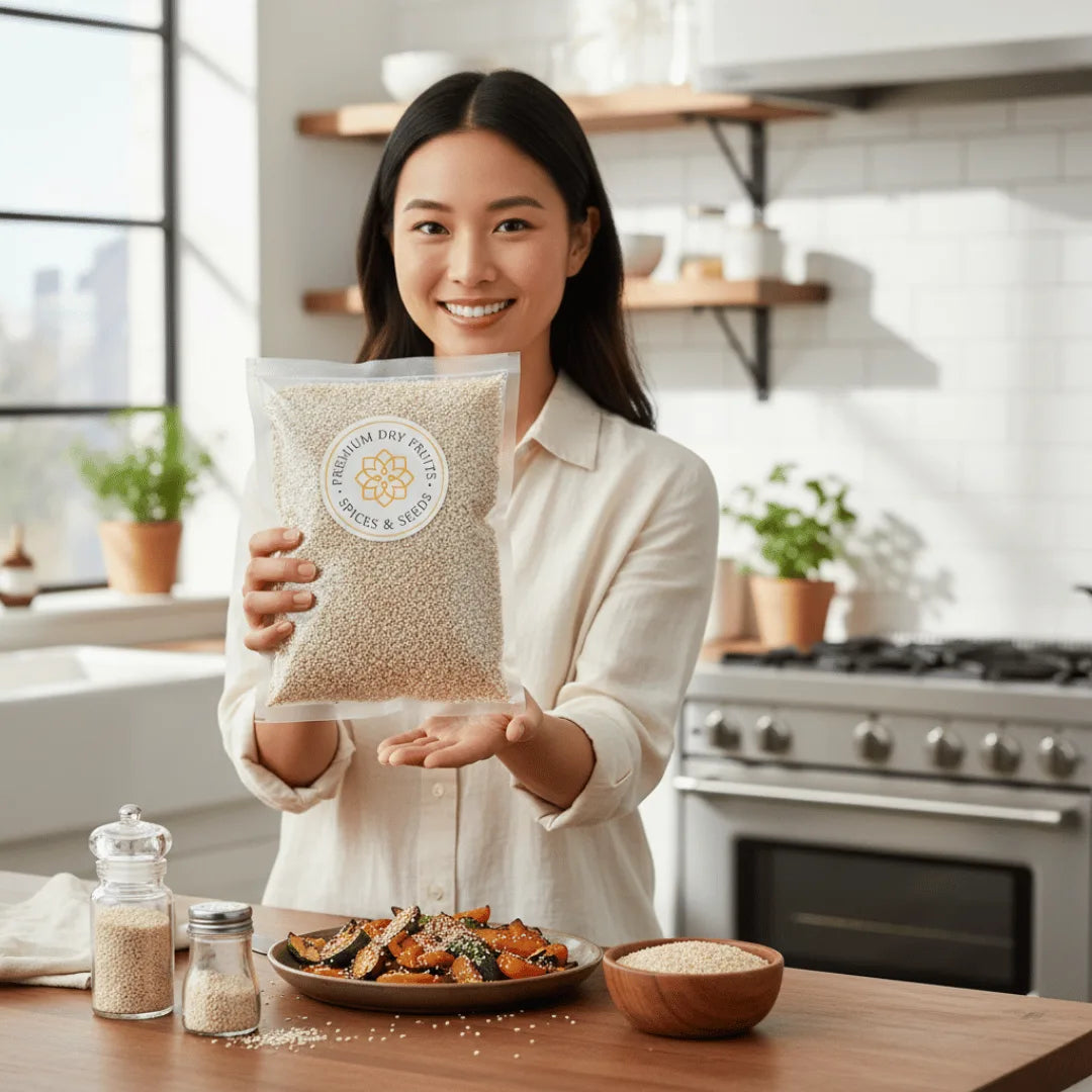 Woman holding a package of Sesame seeds white in a kitchen