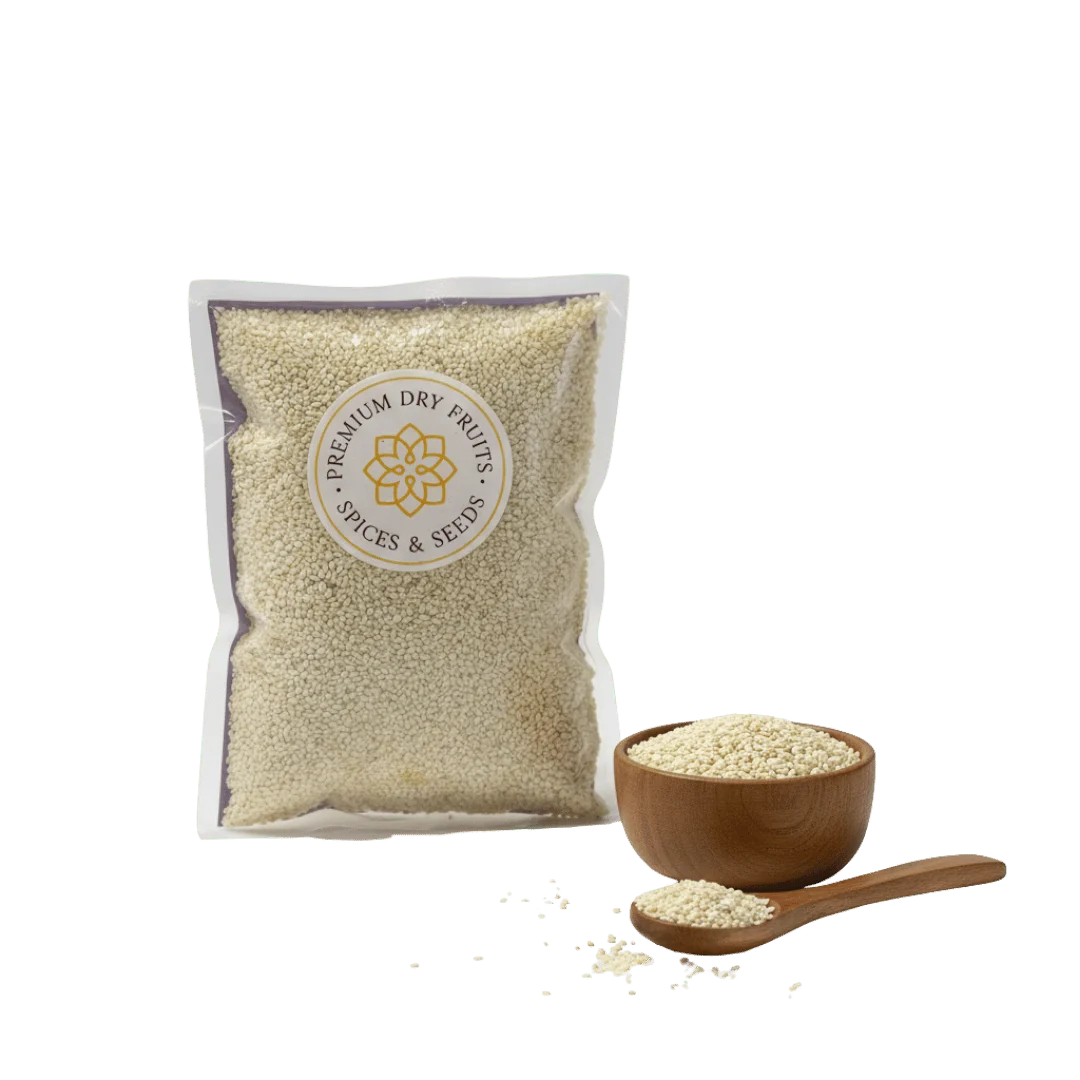 Bag of premium Sesame Seeds Nylon with a bowl and spoon on a white background