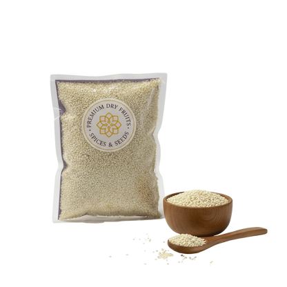 Bag of premium Sesame Seeds Nylon with a bowl and spoon on a white background