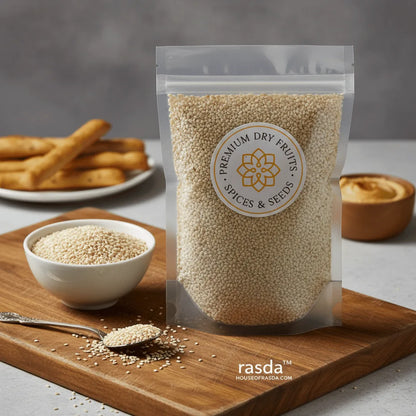 Packaged premium Sesame Seeds Nylon with a bowl and spoon on a wooden board, featuring the rasda brand.