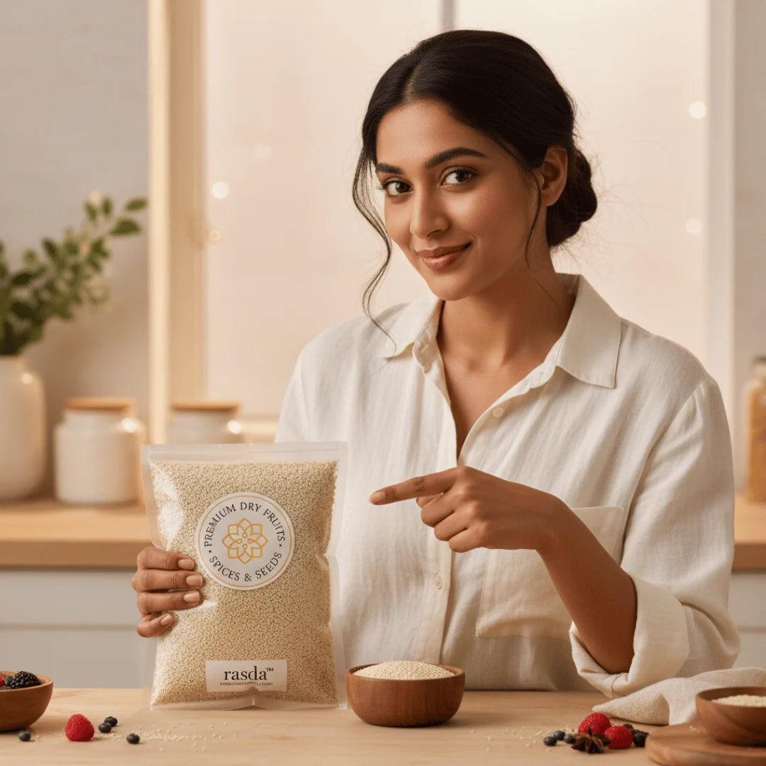 Woman holding a package of  Premium Sesame Seeds Nylon in a kitchen setting