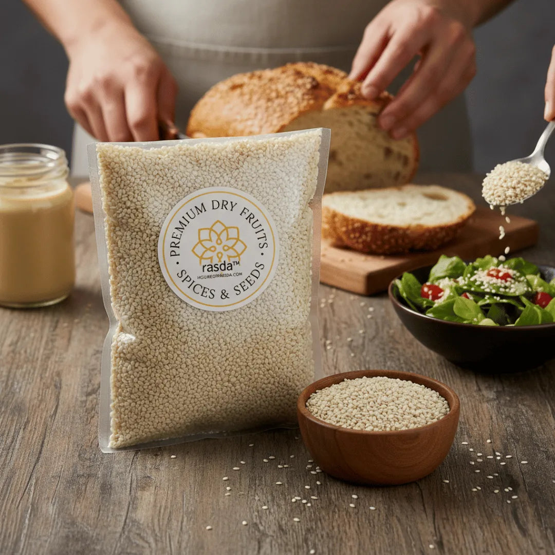 Packaged premium Sesame Seeds Nylon with a person preparing a meal in the background