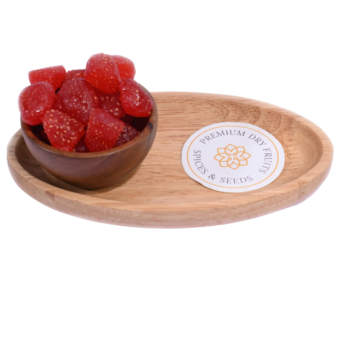 Strawberries Dried Whole in a wooden bowl showcasing their bright red color and natural shape.