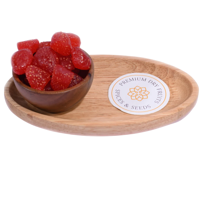 Strawberries Dried Whole in a wooden bowl showcasing their bright red color and natural shape.