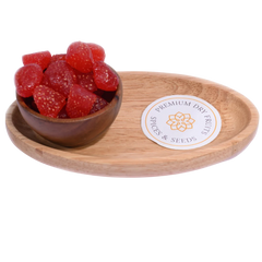 Strawberries Dried Whole in a wooden bowl showcasing their bright red color and natural shape.