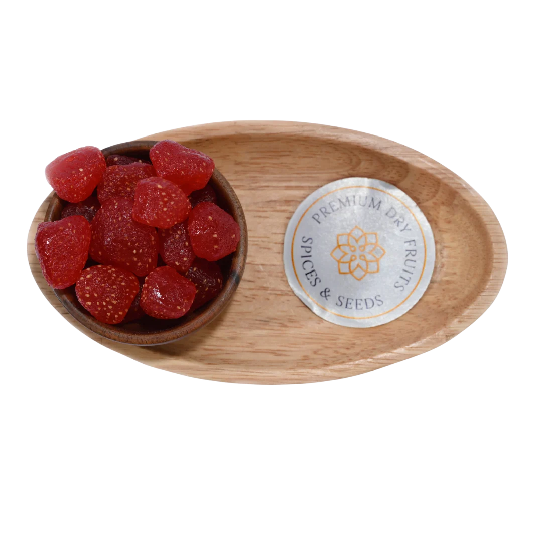 Strawberries Dried Whole close-up view highlighting their rich red hue and glossy texture.