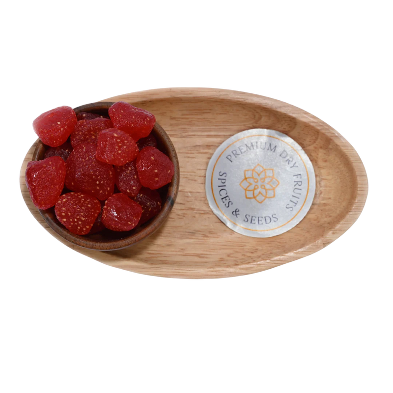 Strawberries Dried Whole close-up view highlighting their rich red hue and glossy texture.