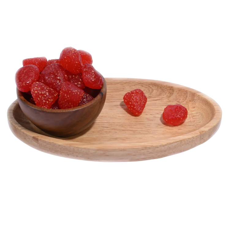 Strawberries Dried Whole displayed in a rustic wooden bowl emphasizing premium quality and freshness.
