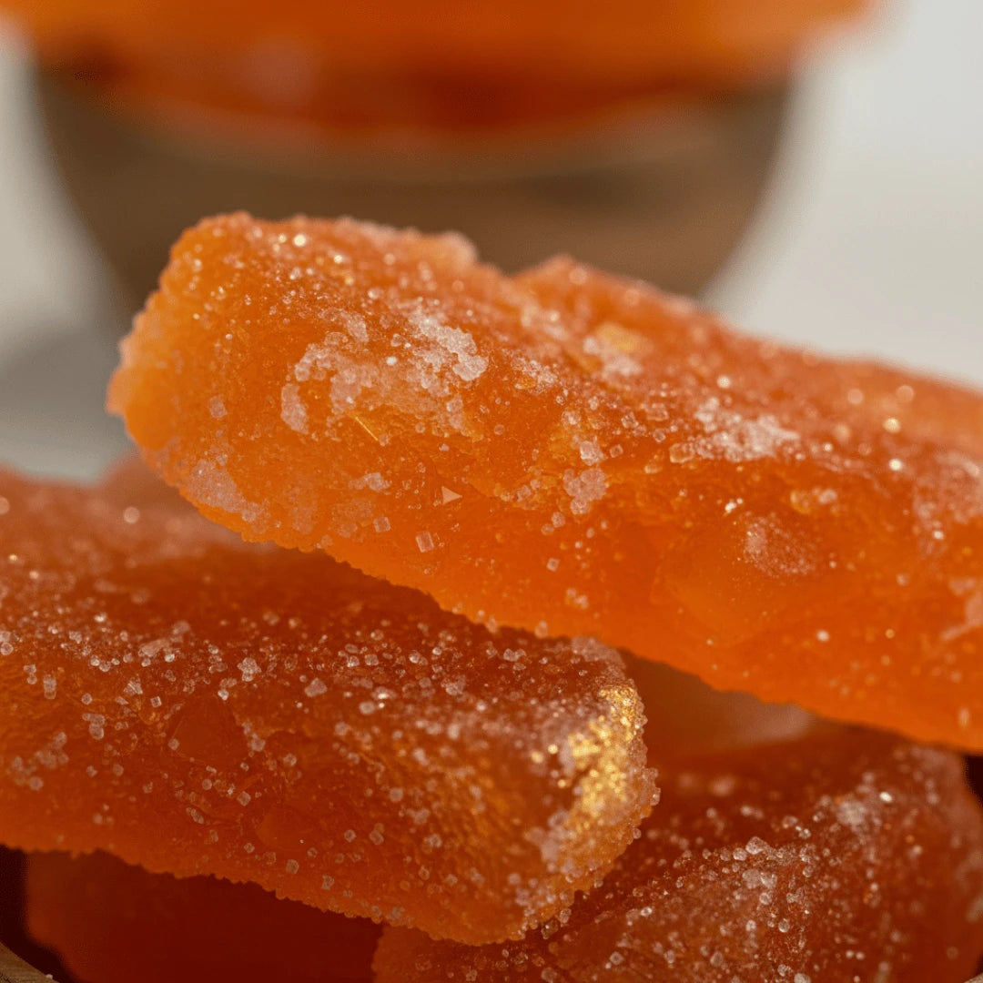 Close-up of orange sugar candy with a blurred background