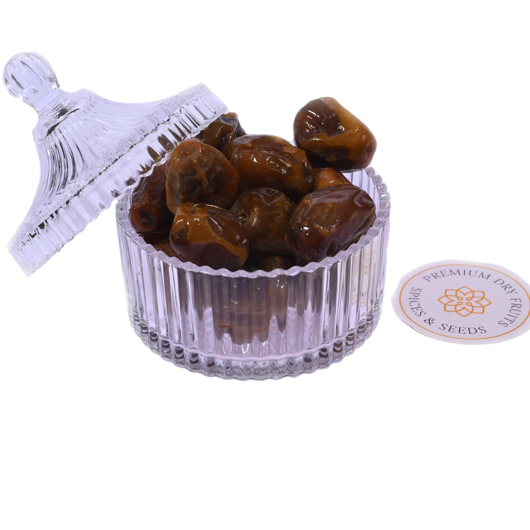 Sukkari Rutab Dates Saudi Arabia Premium in Glass Bowl Soft Golden Sweet Dates