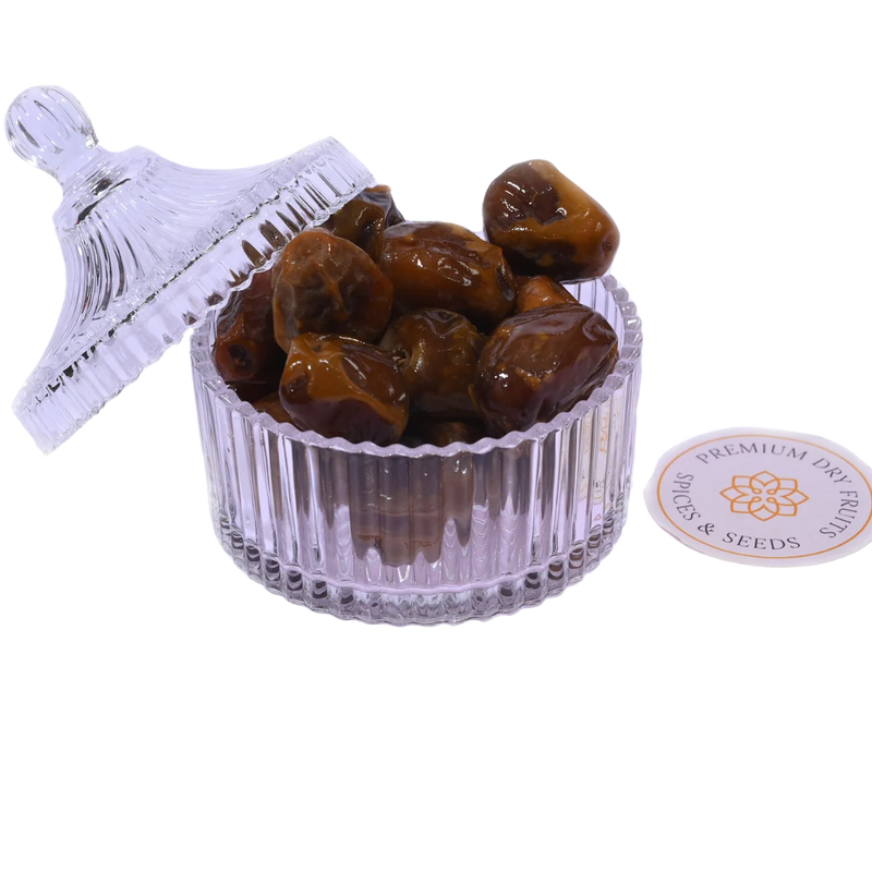 Sukkari Rutab Dates Saudi Arabia Premium in Glass Bowl Soft Golden Sweet Dates