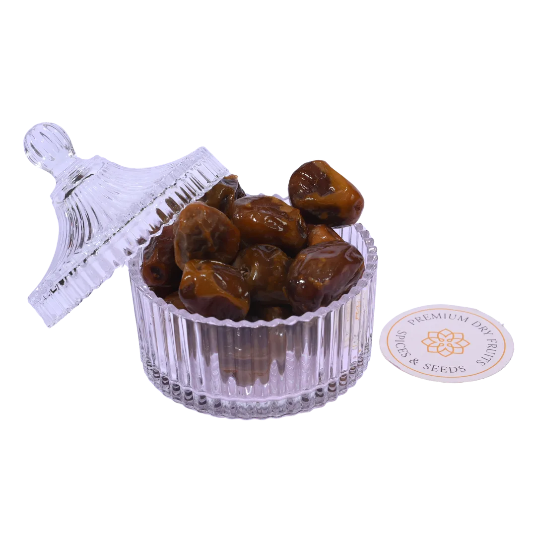 Premium Sukkari Dates from Saudi Arabia in Glass Bowl Naturally Sweet and Juicy