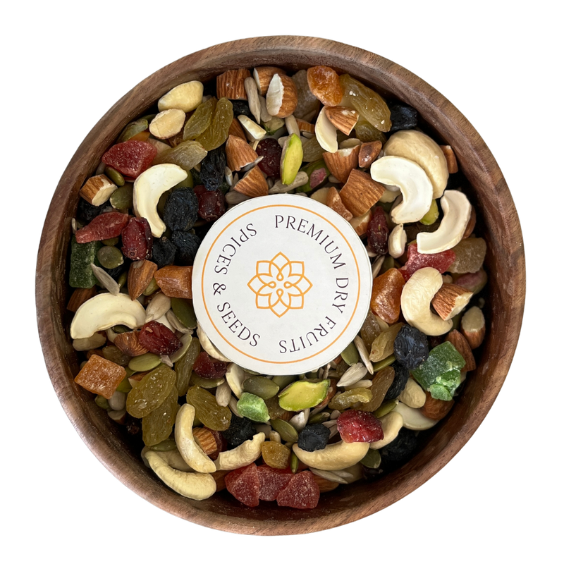 Power Path Mix by House of Rasda trail mix a nutritious blend of almonds, cashews, pistachios, raisins, pumpkin seeds, and watermelon seeds for energy and wellness.