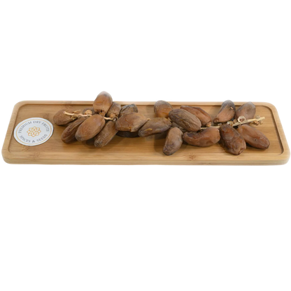 Tunisian Deglet Noor Dates with branches Premium on wooden tray – golden soft Arabian dates