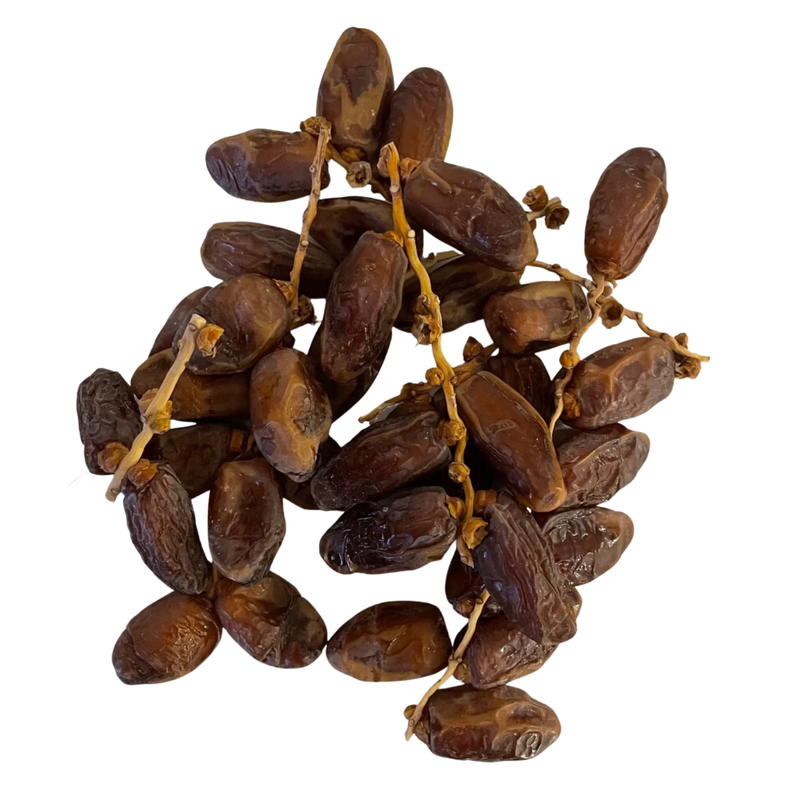 Deglet Noor Dates with branches Tunisia Premium quality on wooden tray – rich, chewy dates