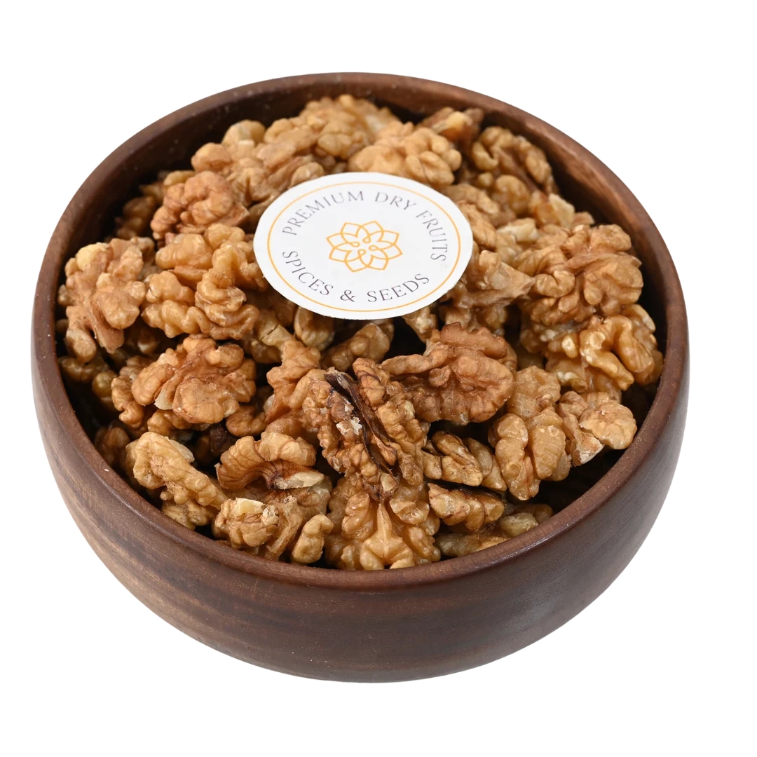 Premium Kashmiri walnut halves in wooden bowl, Akhrot premium quality, healthy nuts