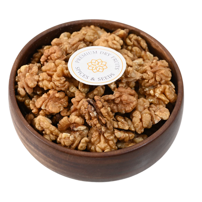 Premium Kashmiri walnut halves in wooden bowl, Akhrot premium quality, healthy nuts