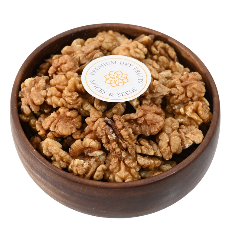 Premium Kashmiri walnut halves in wooden bowl, Akhrot premium quality, healthy nuts