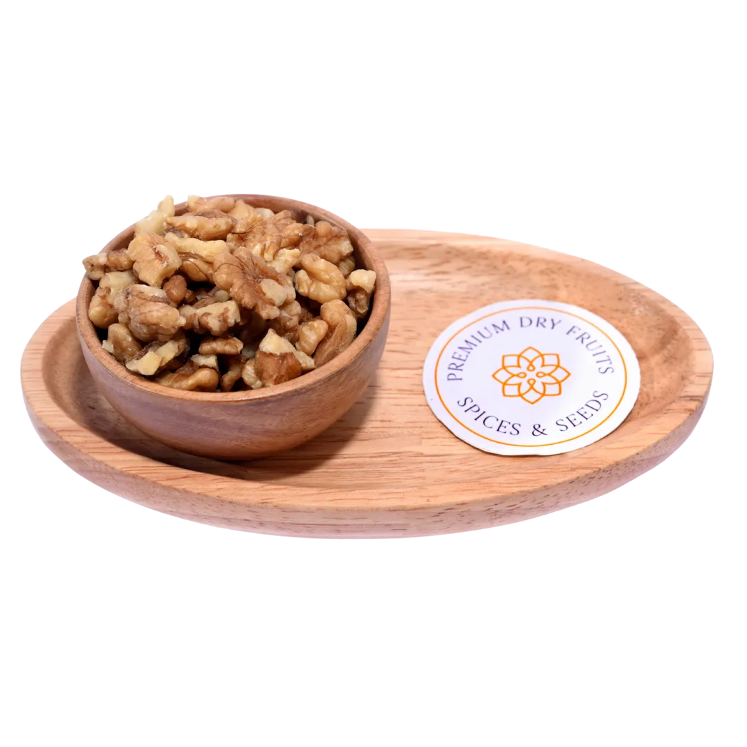 Walnut Kashmiri pieces akhrot in wooden bowl premium quality dry fruits