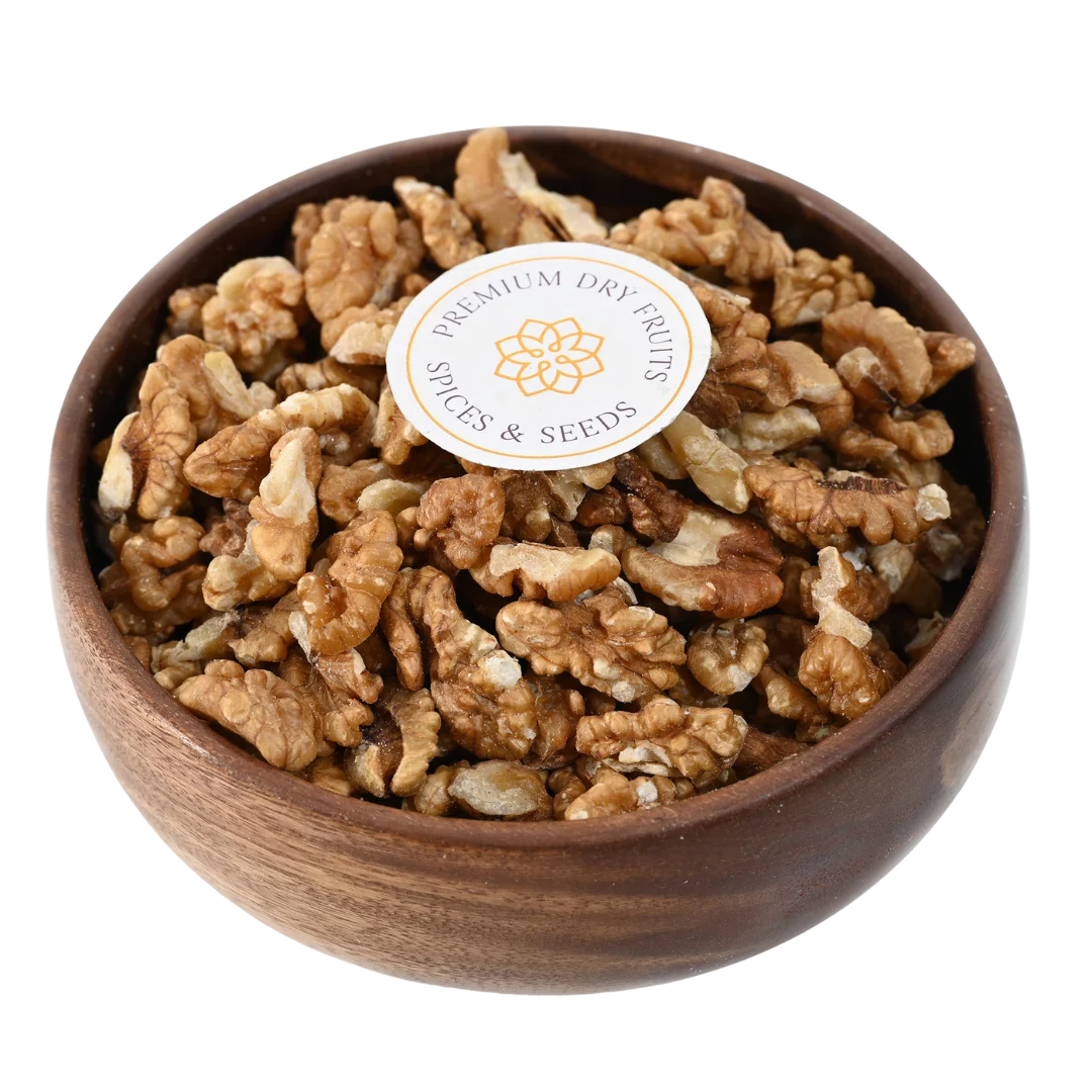 Premium Kashmiri walnut quarters in wooden bowl, Akhrot healthy nuts