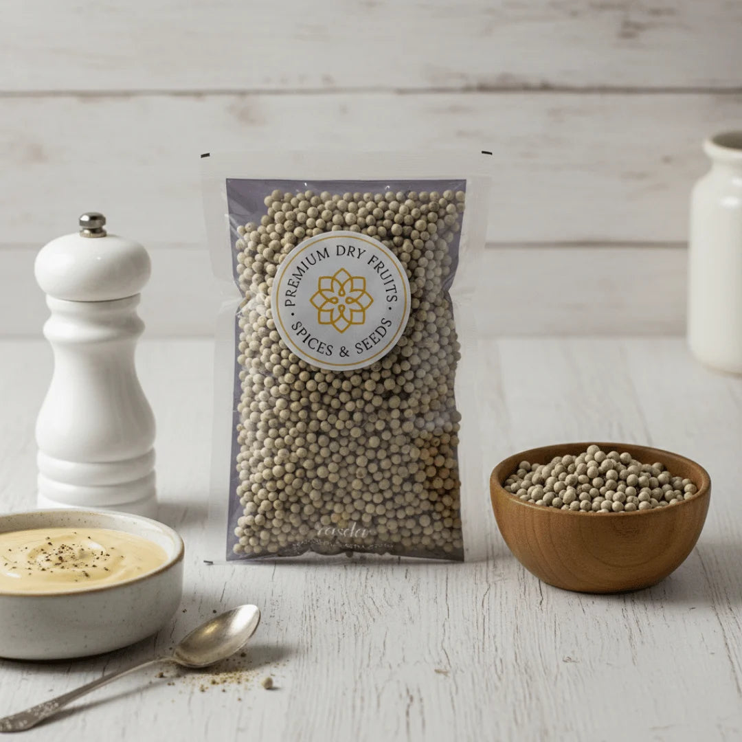 Packaged white pepper with a bowl and pepper on a wooden surface