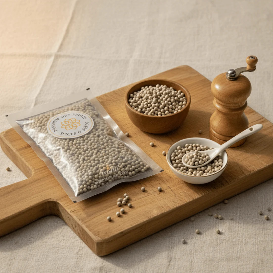 Wooden cutting board with bowls of white pepper, a pepper grinder, and a package of white pepper on a neutral background.