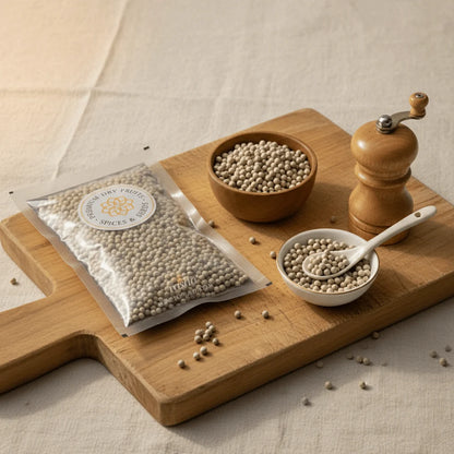 Wooden cutting board with bowls of white pepper, a pepper grinder, and a package of white pepper on a neutral background.