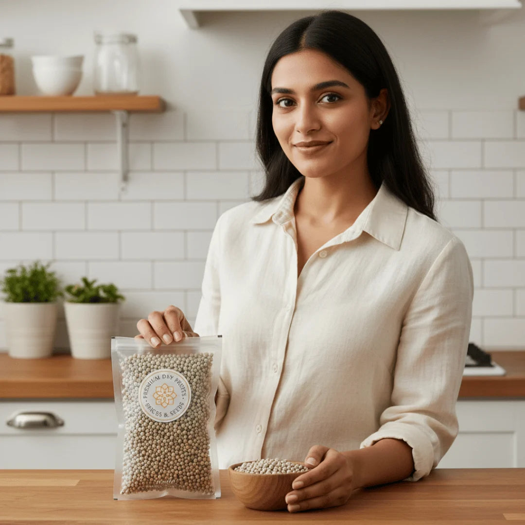 Woman holding a bowl of white pepper and a package in a kitchen