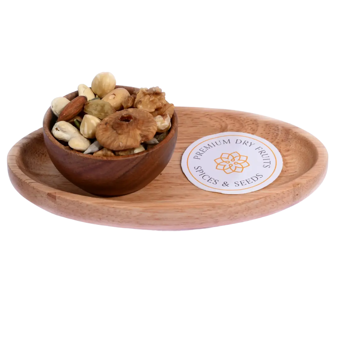 Wholesome Nutty Trail Mix in a wooden bowl displays a rich assortment of nuts and dried fruits.