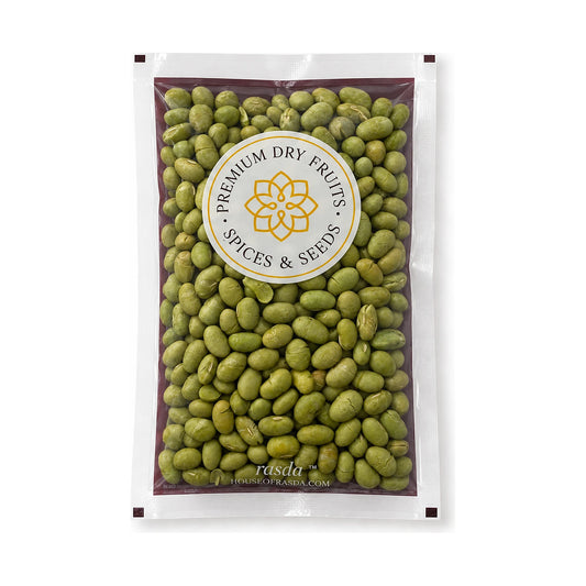 Roasted edamame in a 100g pouch on a white background
