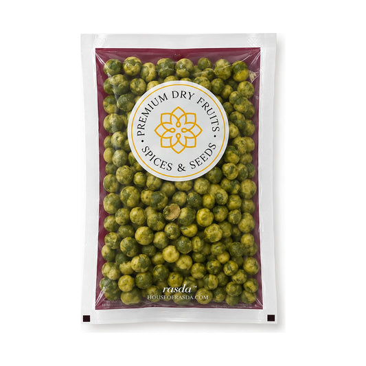 Wasabi coated green peas in a 100g pouch on a white background